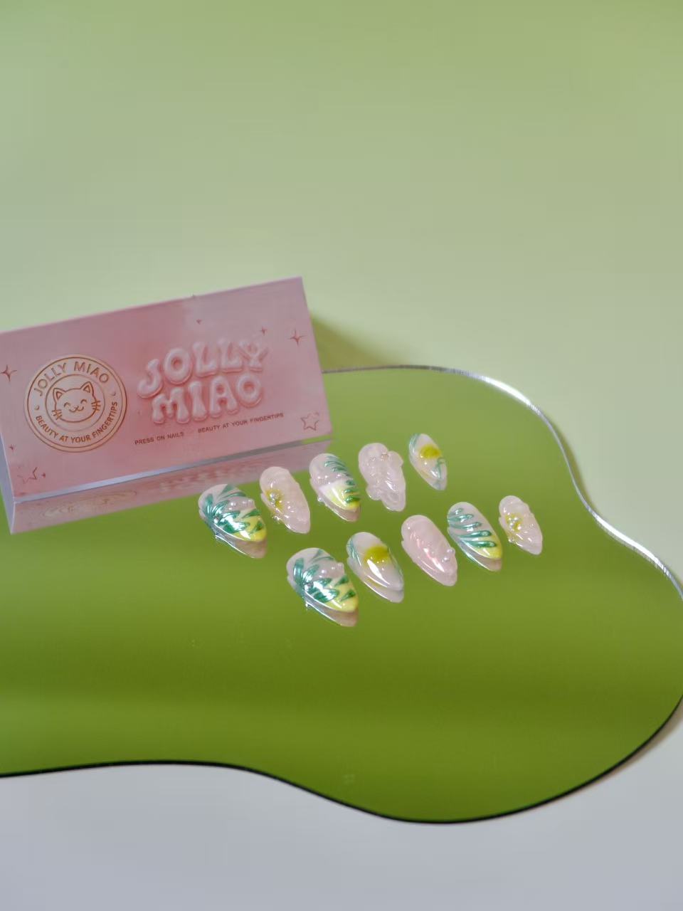 Verdant Pearl | 3D Botanical Long Almond Press-On Nails