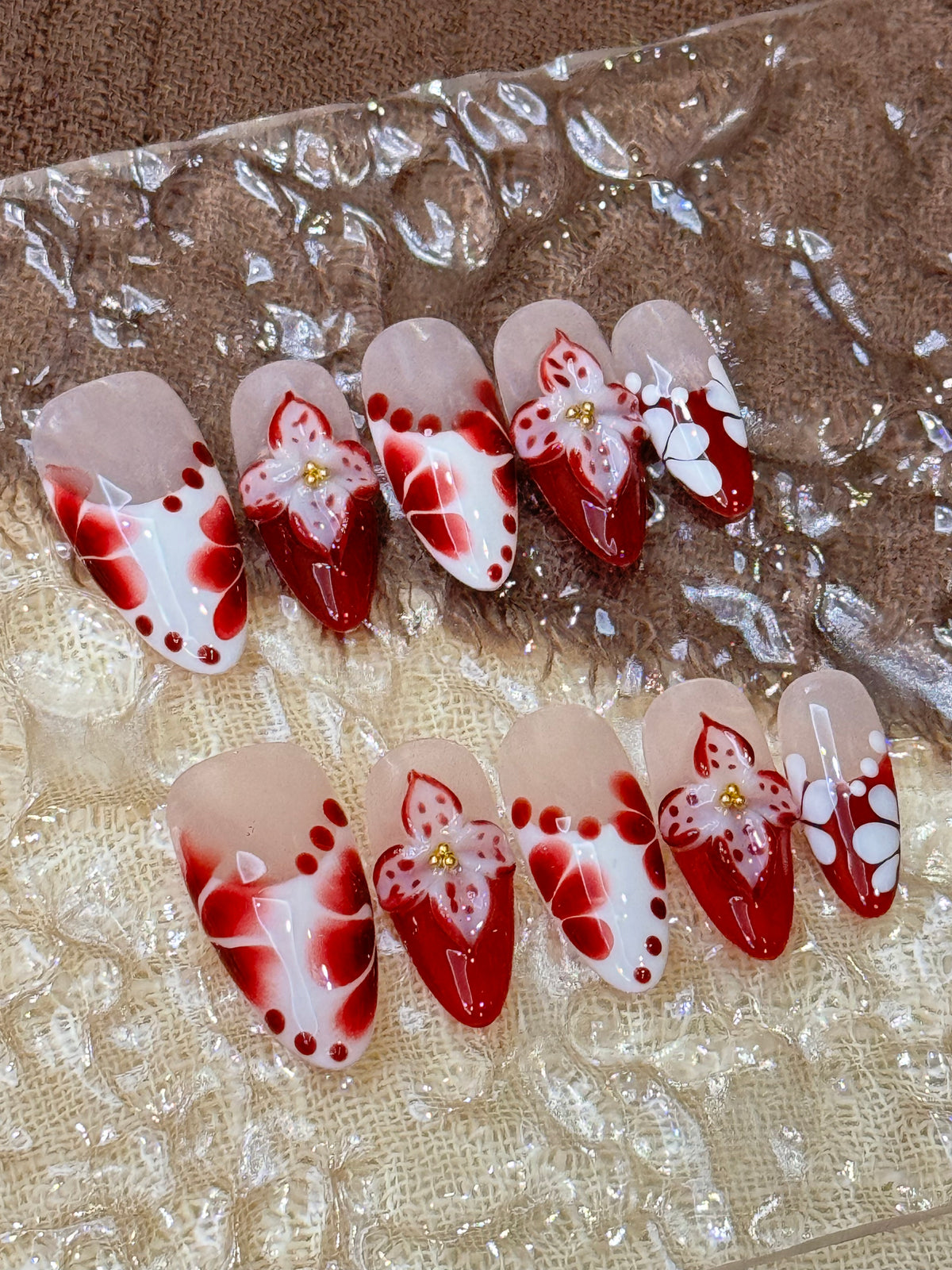 Burgundy Bloom | 3D Floral Medium Almond Press-On Nails