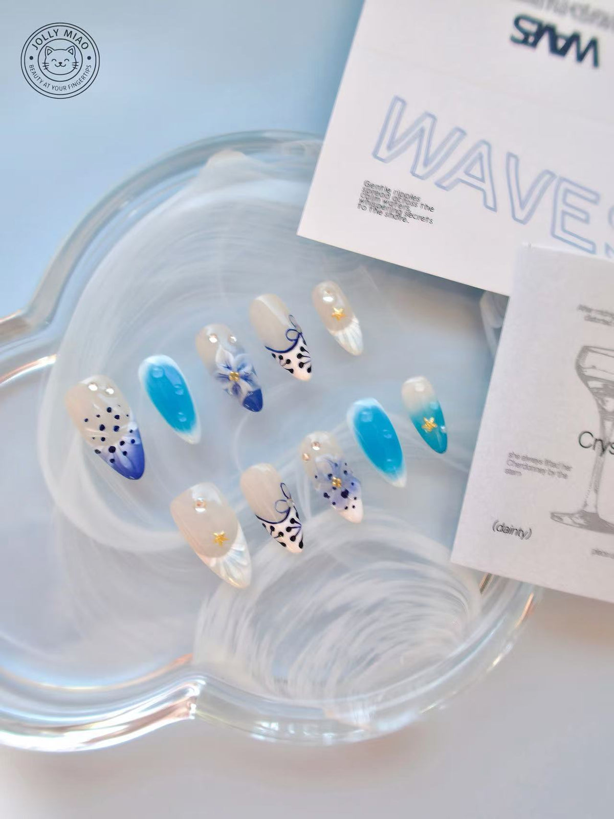 Azure Porcelain | 3D Floral Almond Press-On Nails