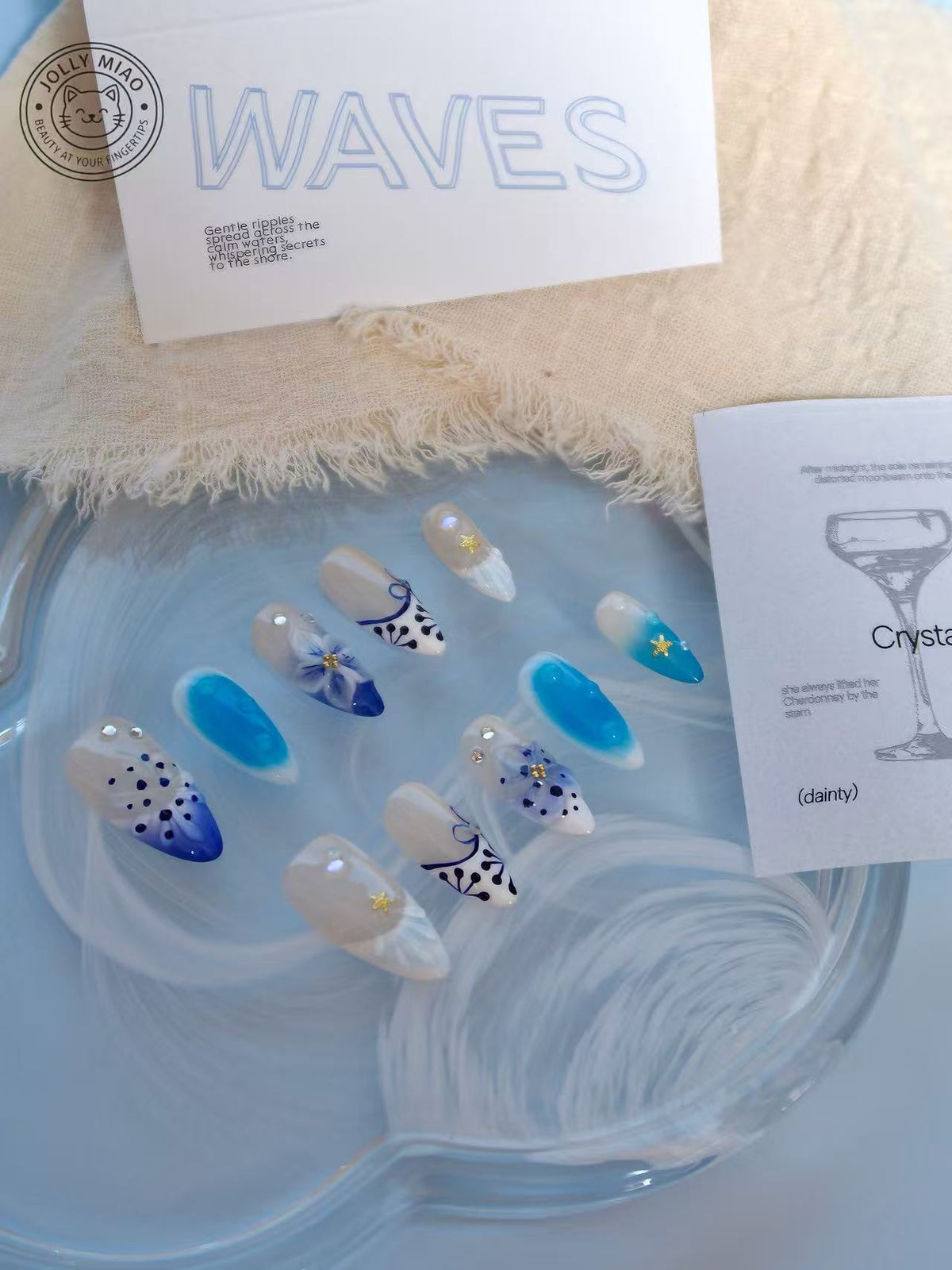 Azure Porcelain | 3D Floral Almond Press-On Nails