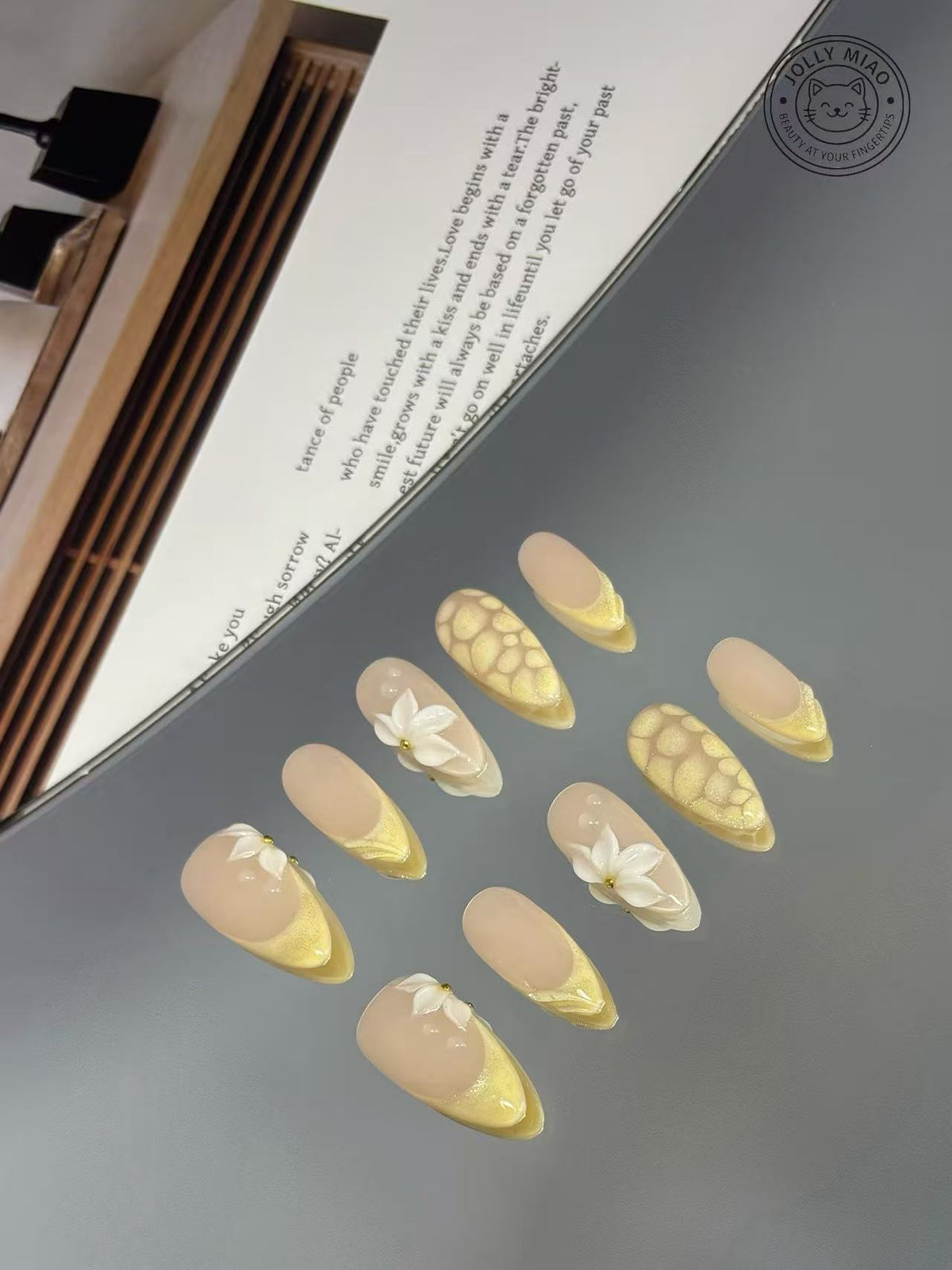 Gilded Petal | Gold French Tip 3D Flower Almond Press-On Nails