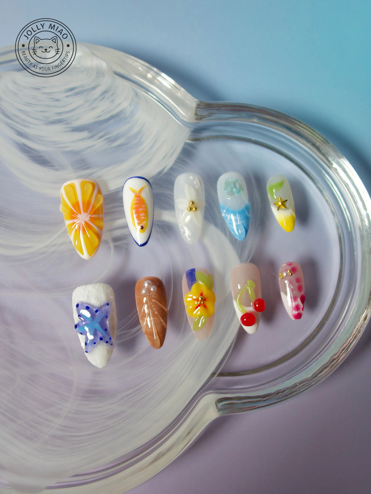 Riviera Picnic | 3D Summer Fruit & Floral Almond Press-On Nails