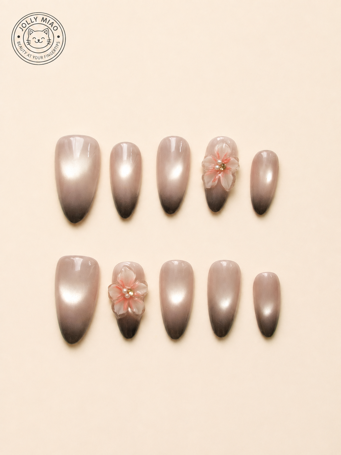Moonlit Sakura | 3D Floral Almond Press-On Nails