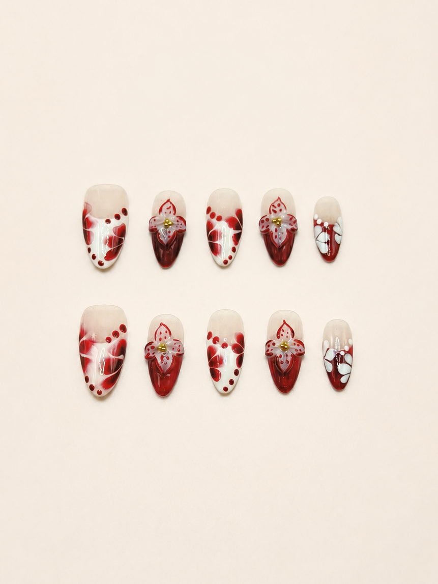 Burgundy Bloom | 3D Floral Medium Almond Press-On Nails