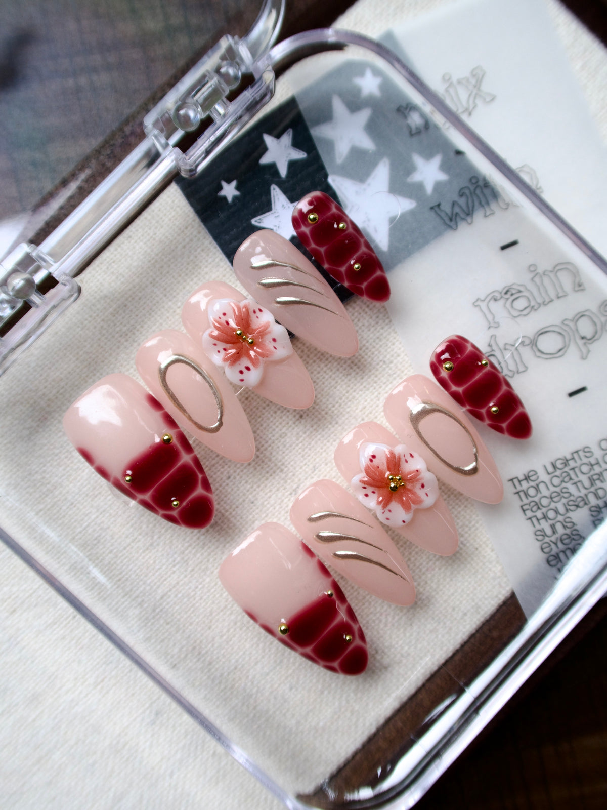 Garnet Petal | 3D Floral Medium Almond Press-On Nails