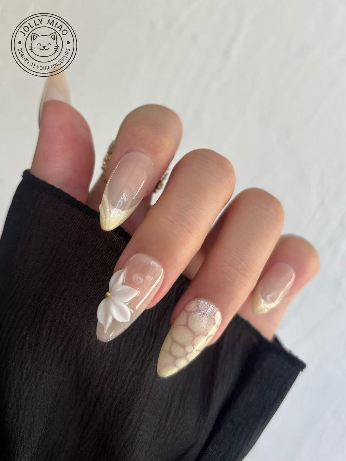 Gilded Petal | Gold French Tip 3D Flower Almond Press-On Nails