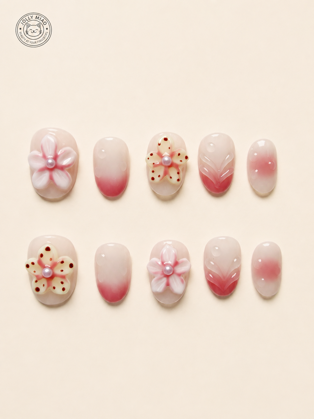 Peach Petal Veil | 3D Floral Short Oval Press-On Nails
