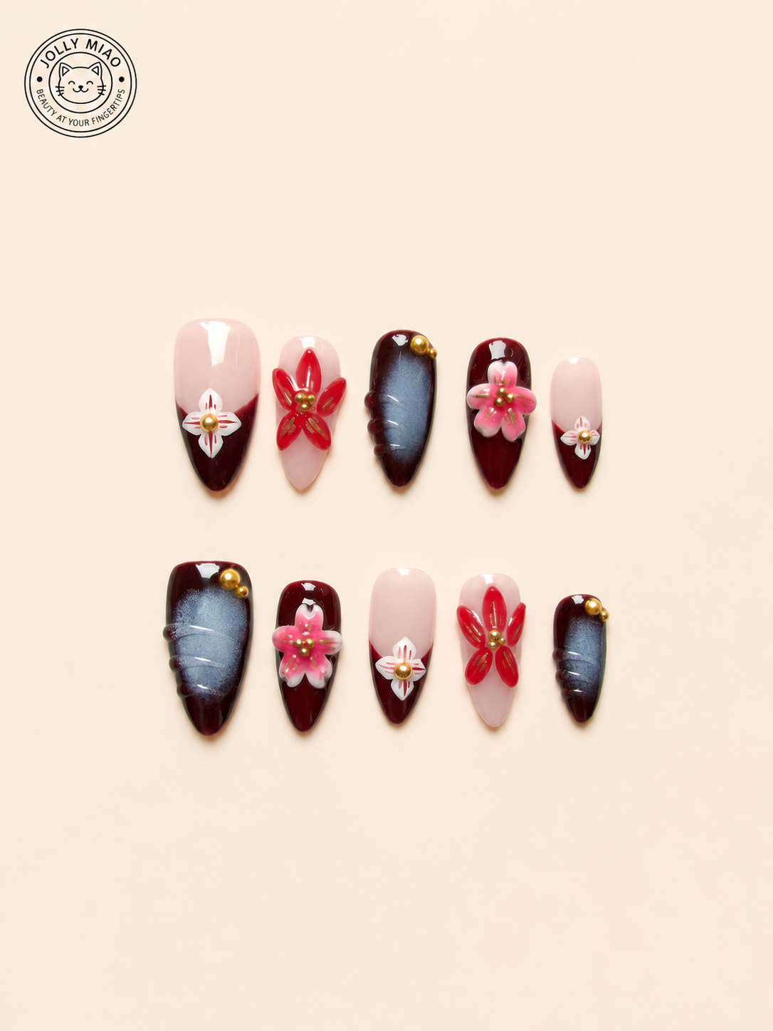Velvet Dusk Bloom | 3D Almond Press-On Nails