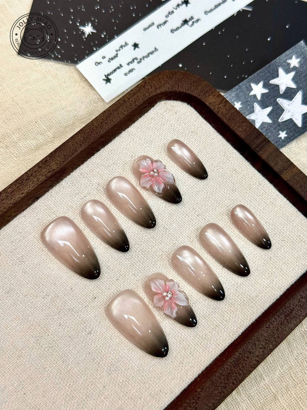 Moonlit Sakura | 3D Floral Almond Press-On Nails