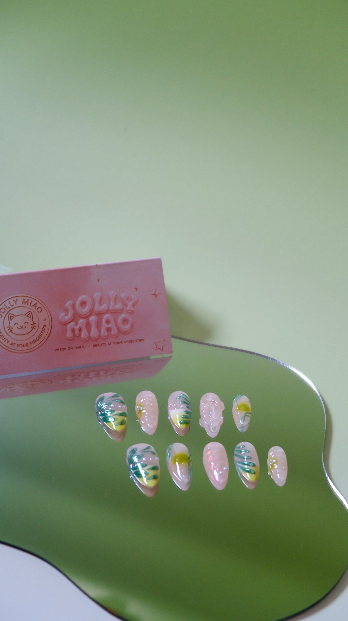 Verdant Pearl | 3D Botanical Long Almond Press-On Nails