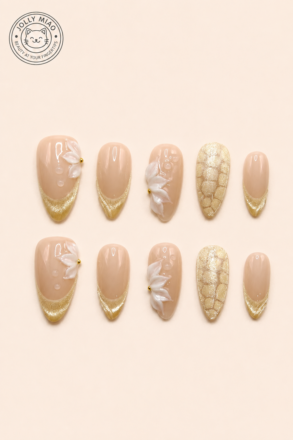 Gilded Petal | Gold French Tip 3D Flower Almond Press-On Nails