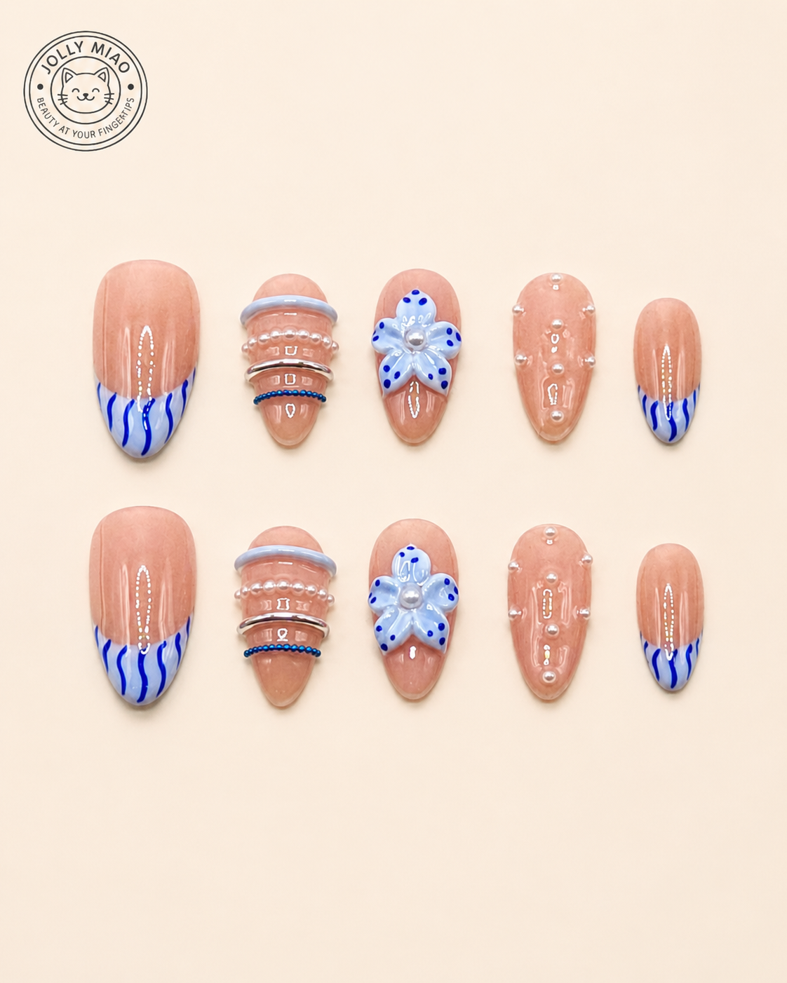 Aegean Pearl Bloom | Blue French 3D Flower Almond Press-On Nails