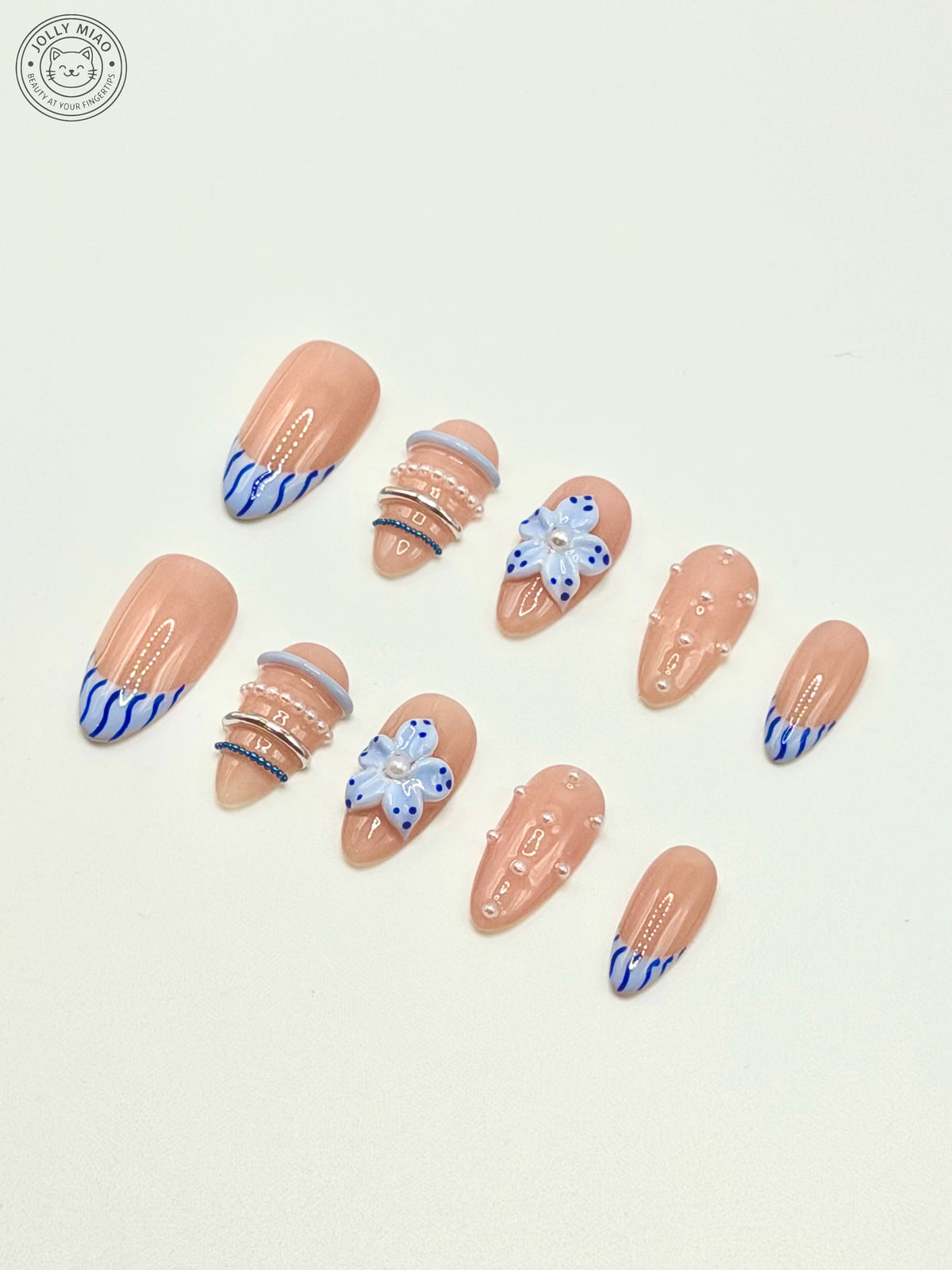 Aegean Pearl Bloom | Blue French 3D Flower Almond Press-On Nails