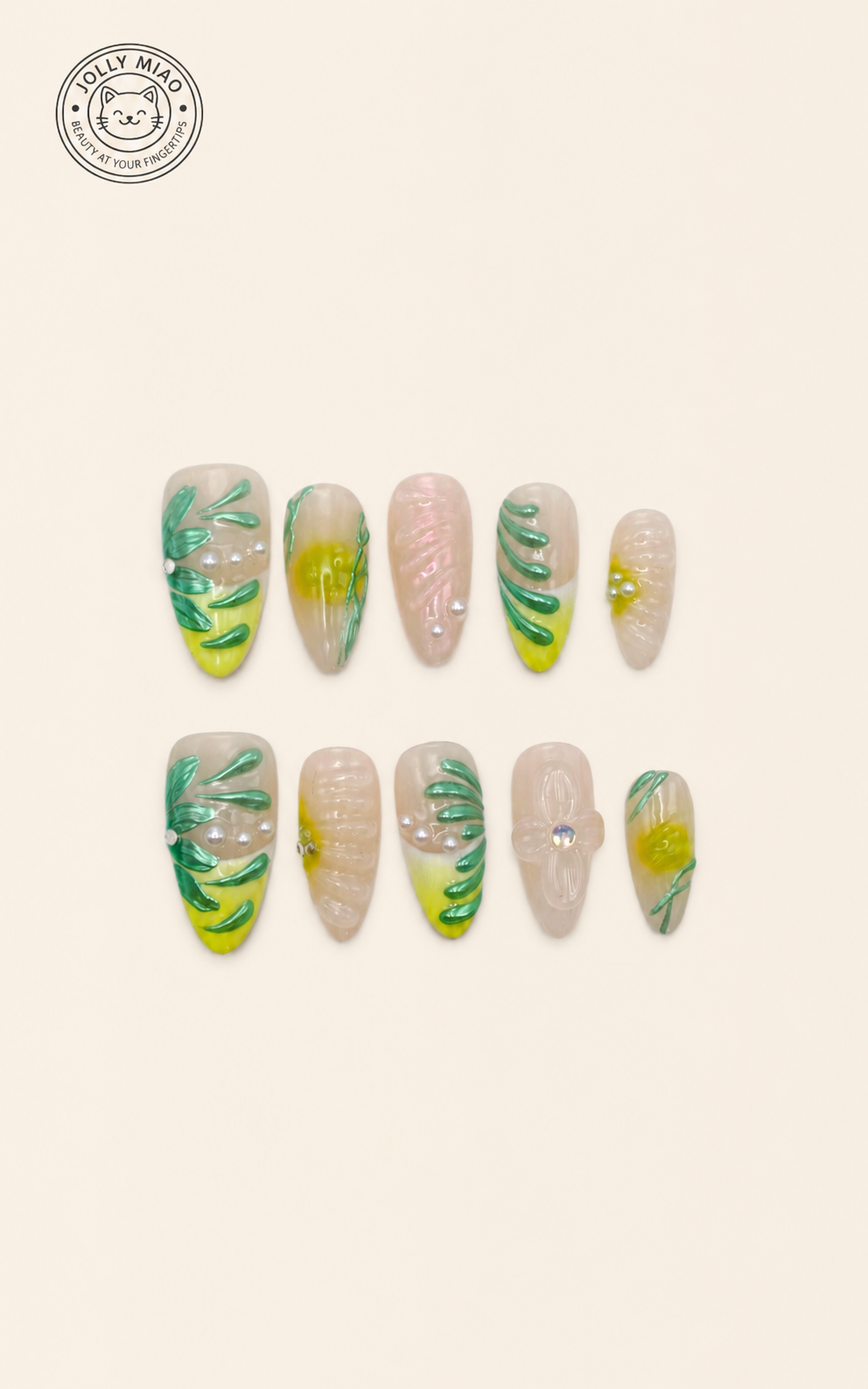 Verdant Pearl | 3D Botanical Long Almond Press-On Nails