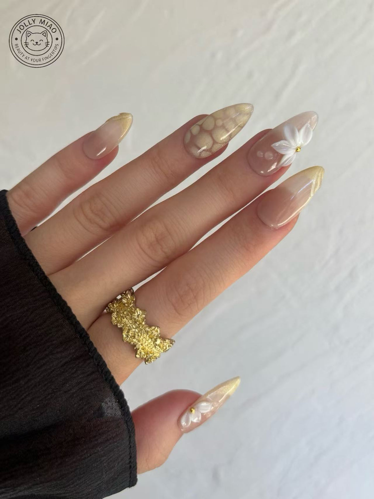 Gilded Petal | Gold French Tip 3D Flower Almond Press-On Nails
