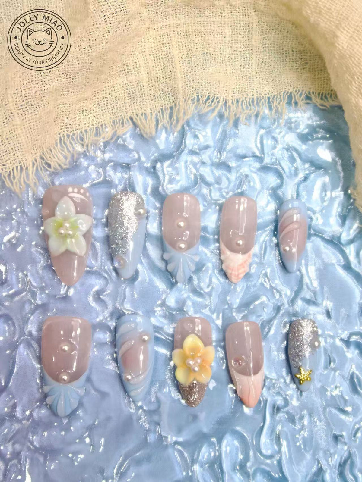 Azure Pearl Garden | 3D Almond Press-On Nails