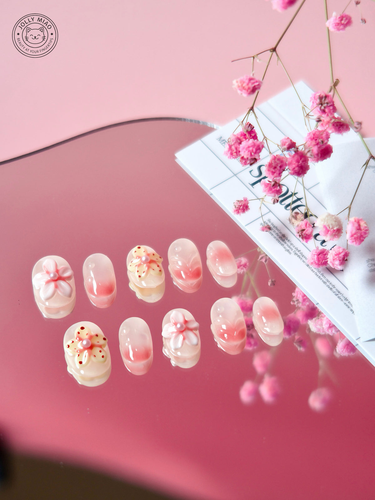 Peach Petal Veil | 3D Floral Short Oval Press-On Nails