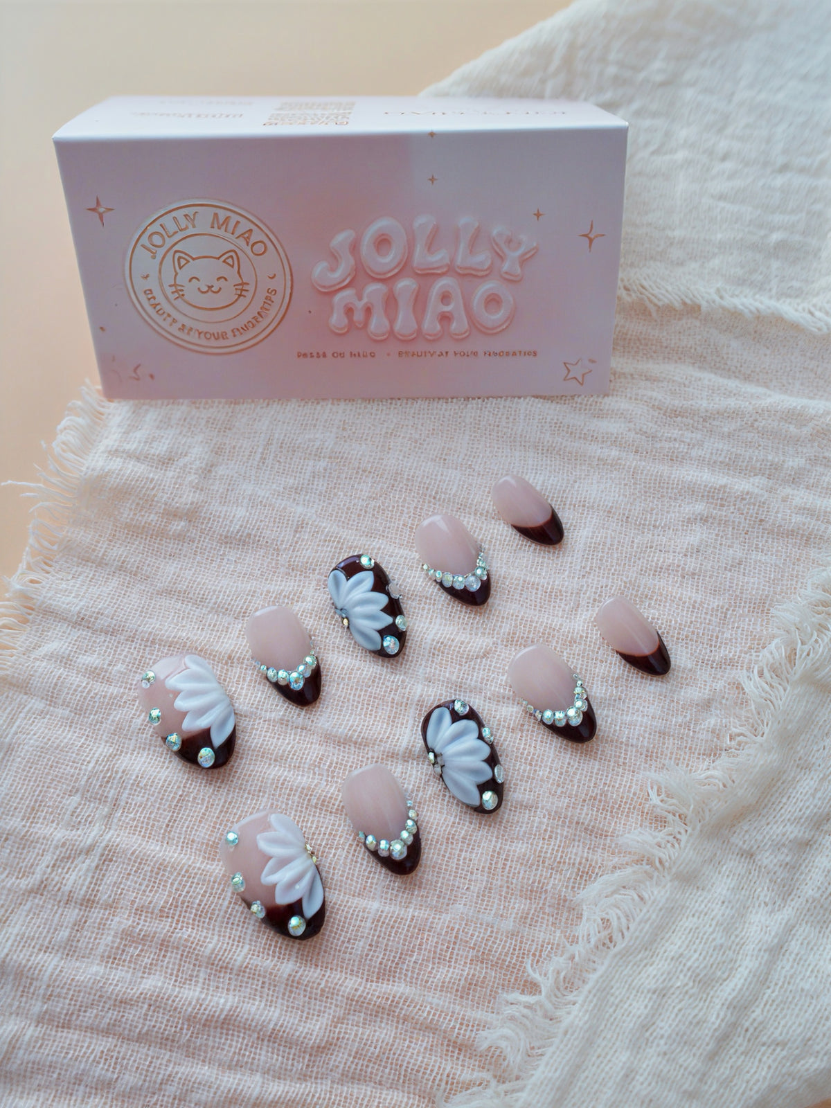 Bordeaux Bloom | Burgundy French Tip 3D Flower Press-On Nails