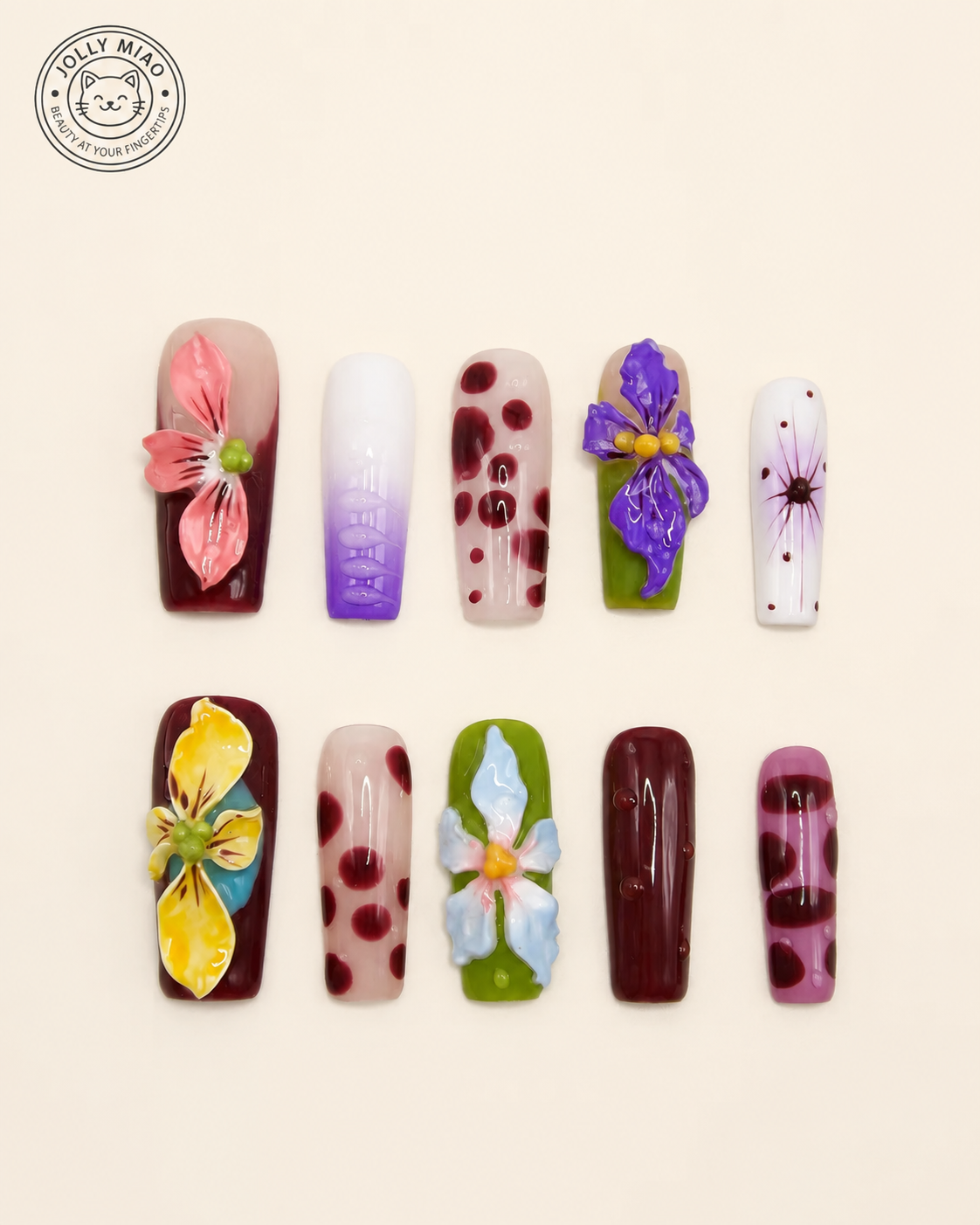Orchid Berry Garden | 3D Floral Press-On Nails – Handmade Flower Nails