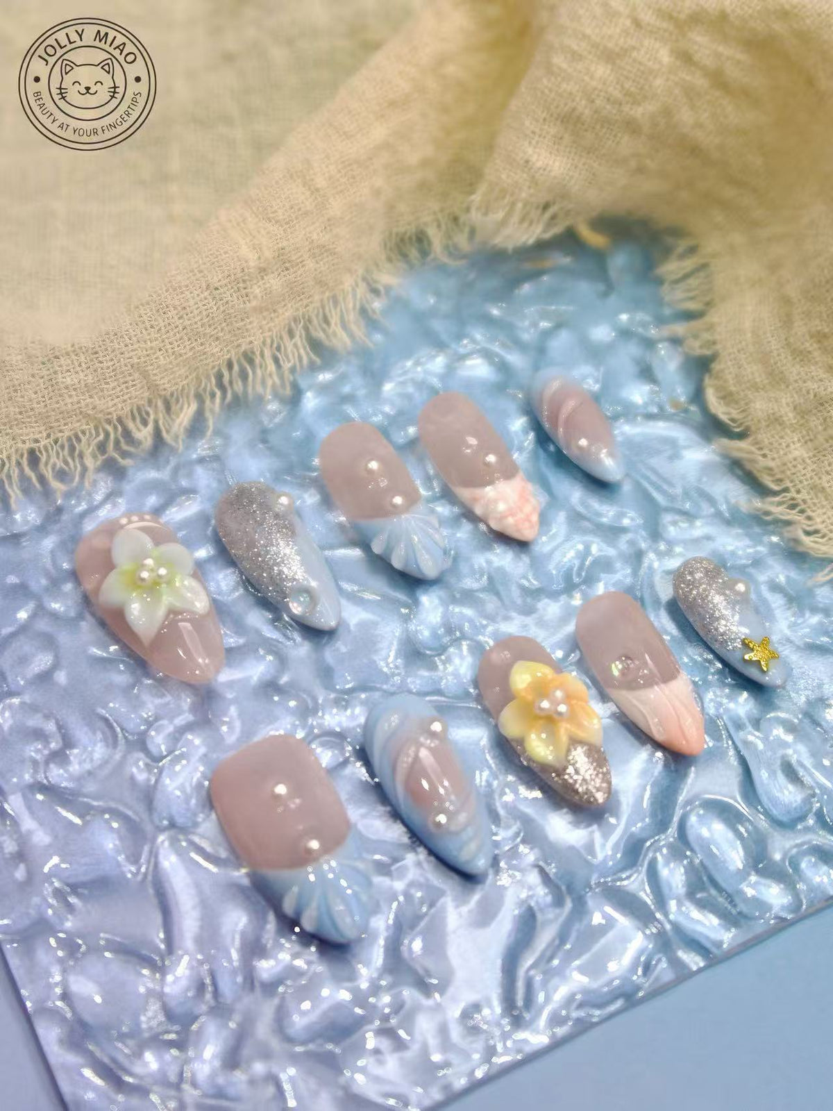 Azure Pearl Garden | 3D Almond Press-On Nails