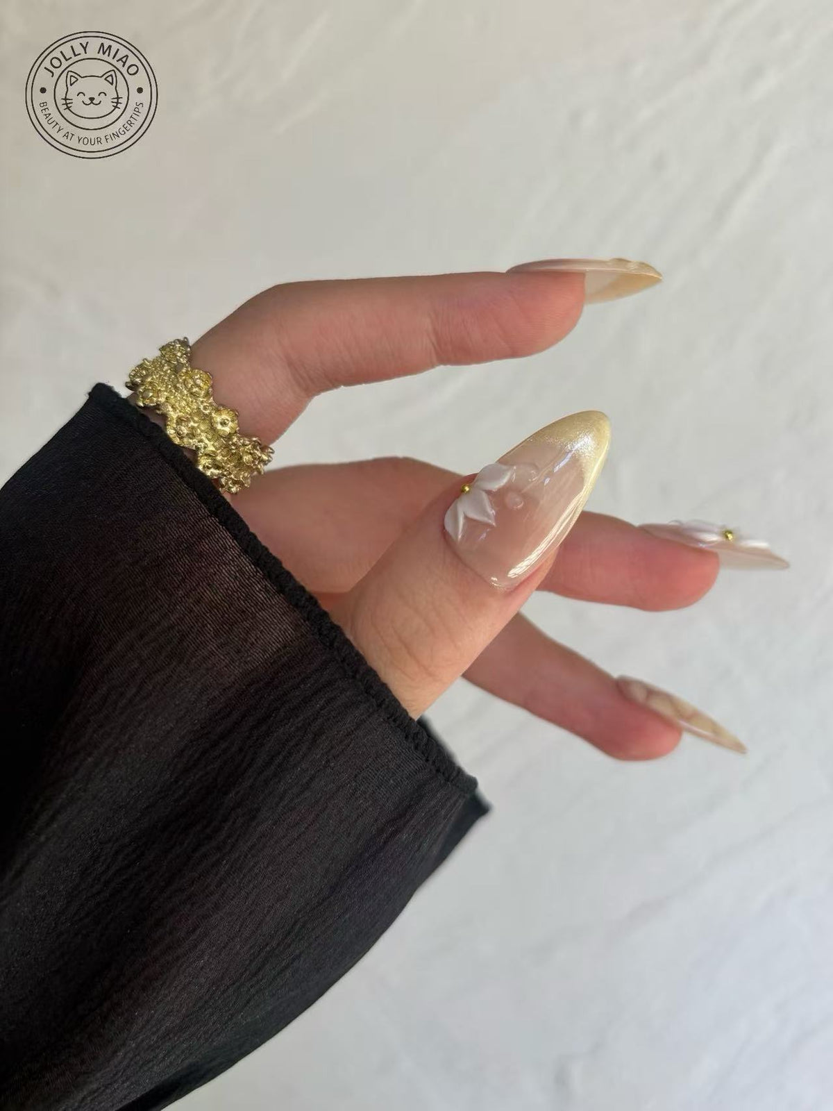 Gilded Petal | Gold French Tip 3D Flower Almond Press-On Nails