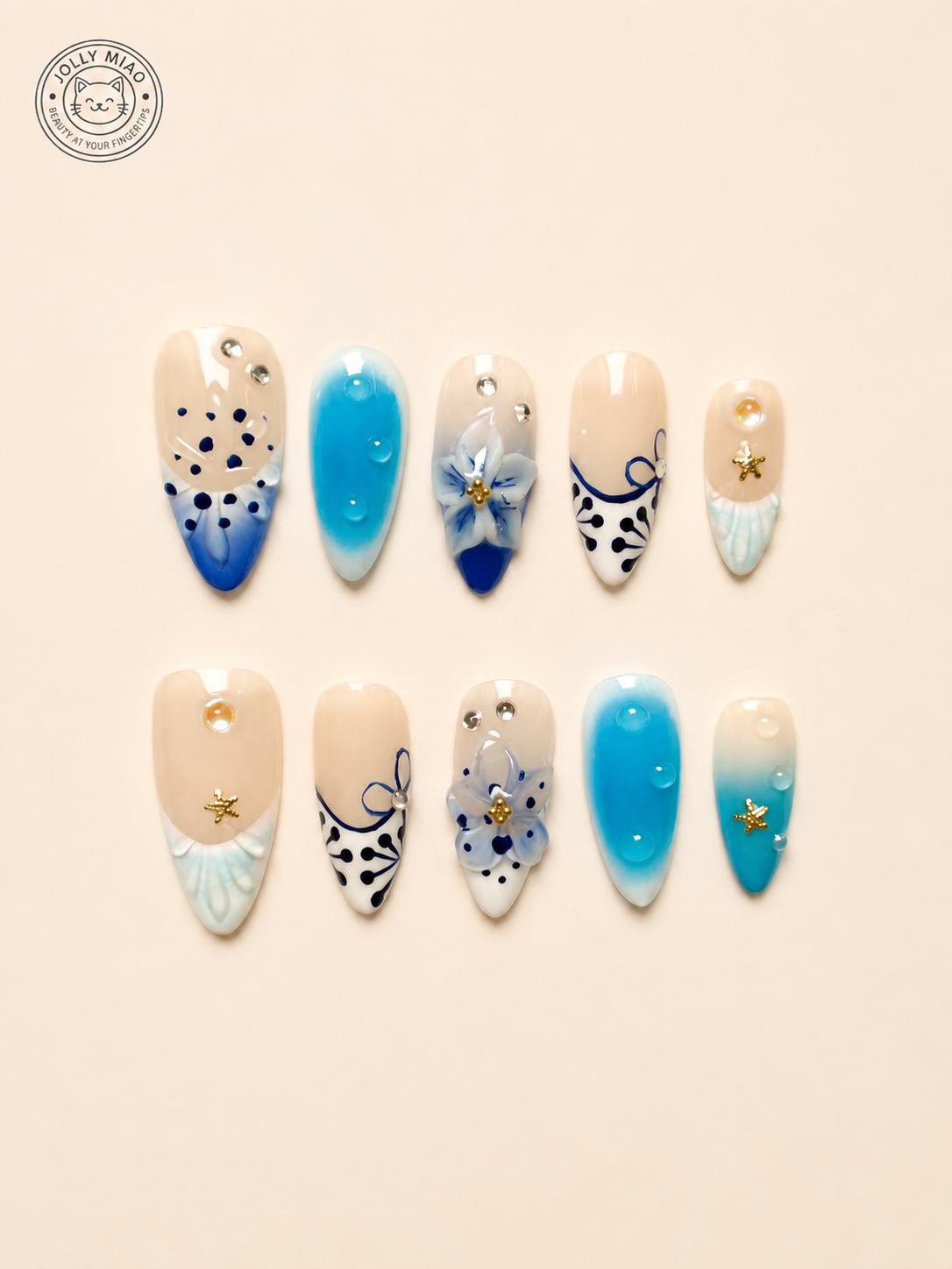 Azure Porcelain | 3D Floral Almond Press-On Nails