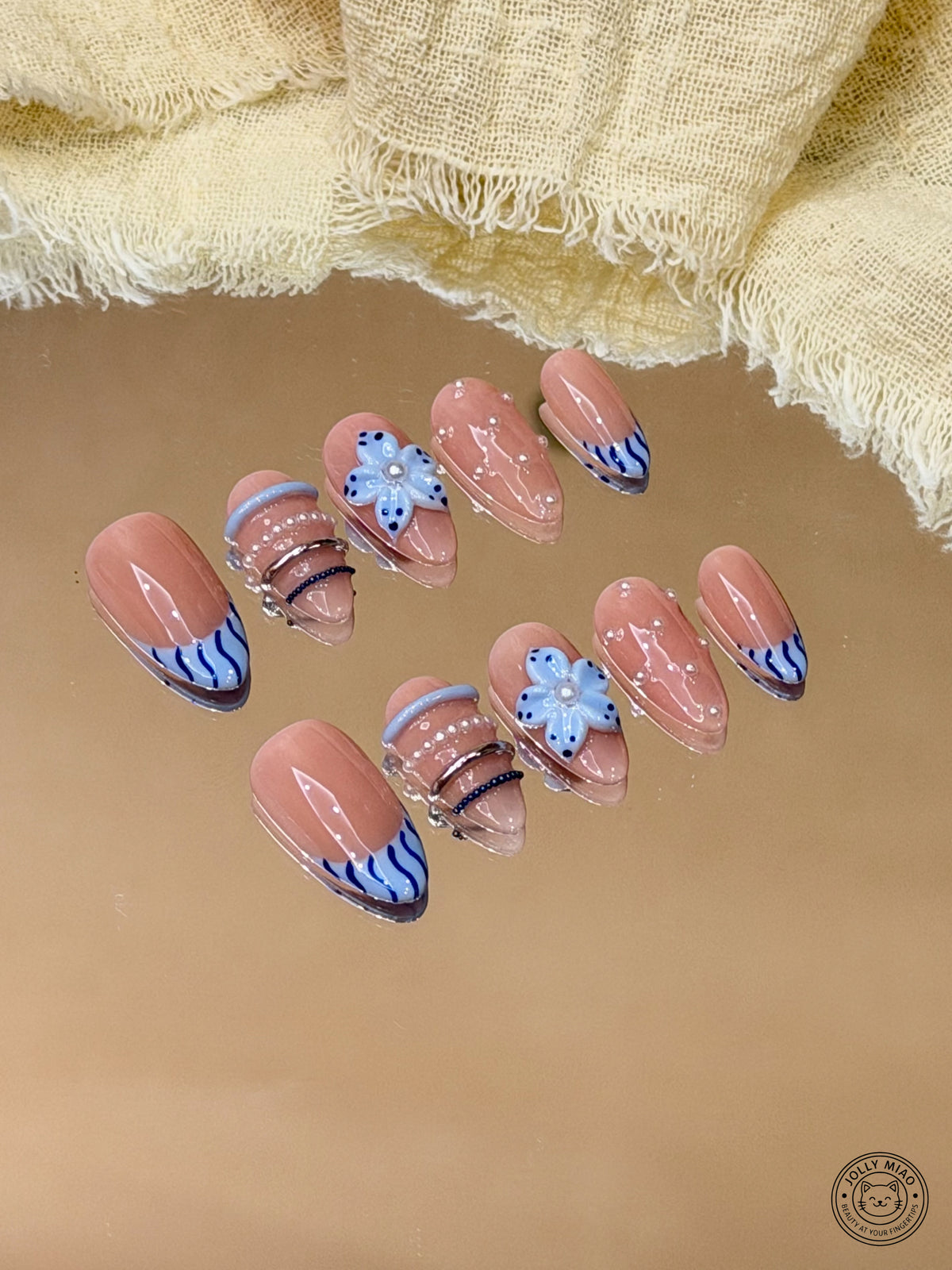 Aegean Pearl Bloom | Blue French 3D Flower Almond Press-On Nails