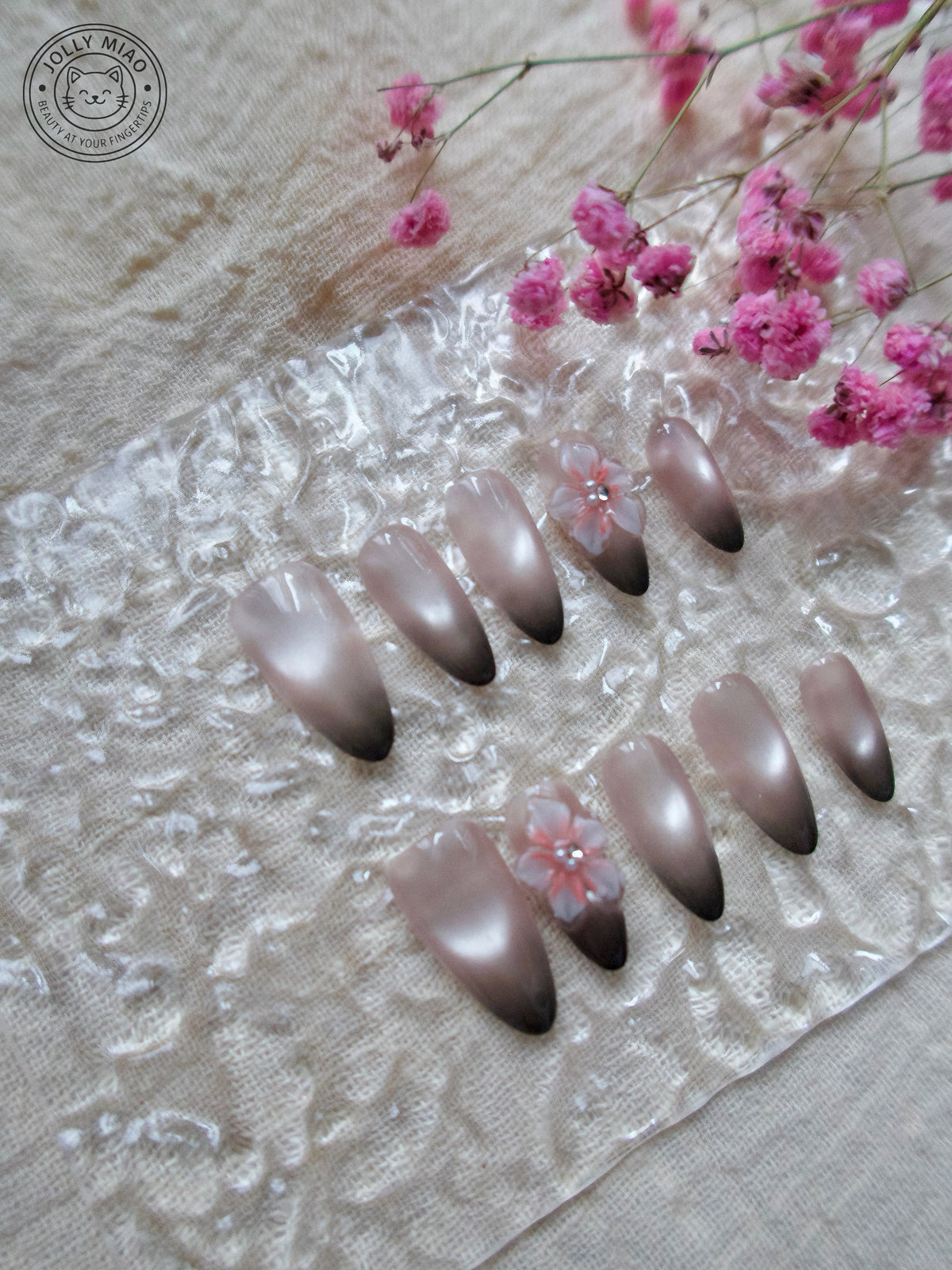 Moonlit Sakura | 3D Floral Almond Press-On Nails