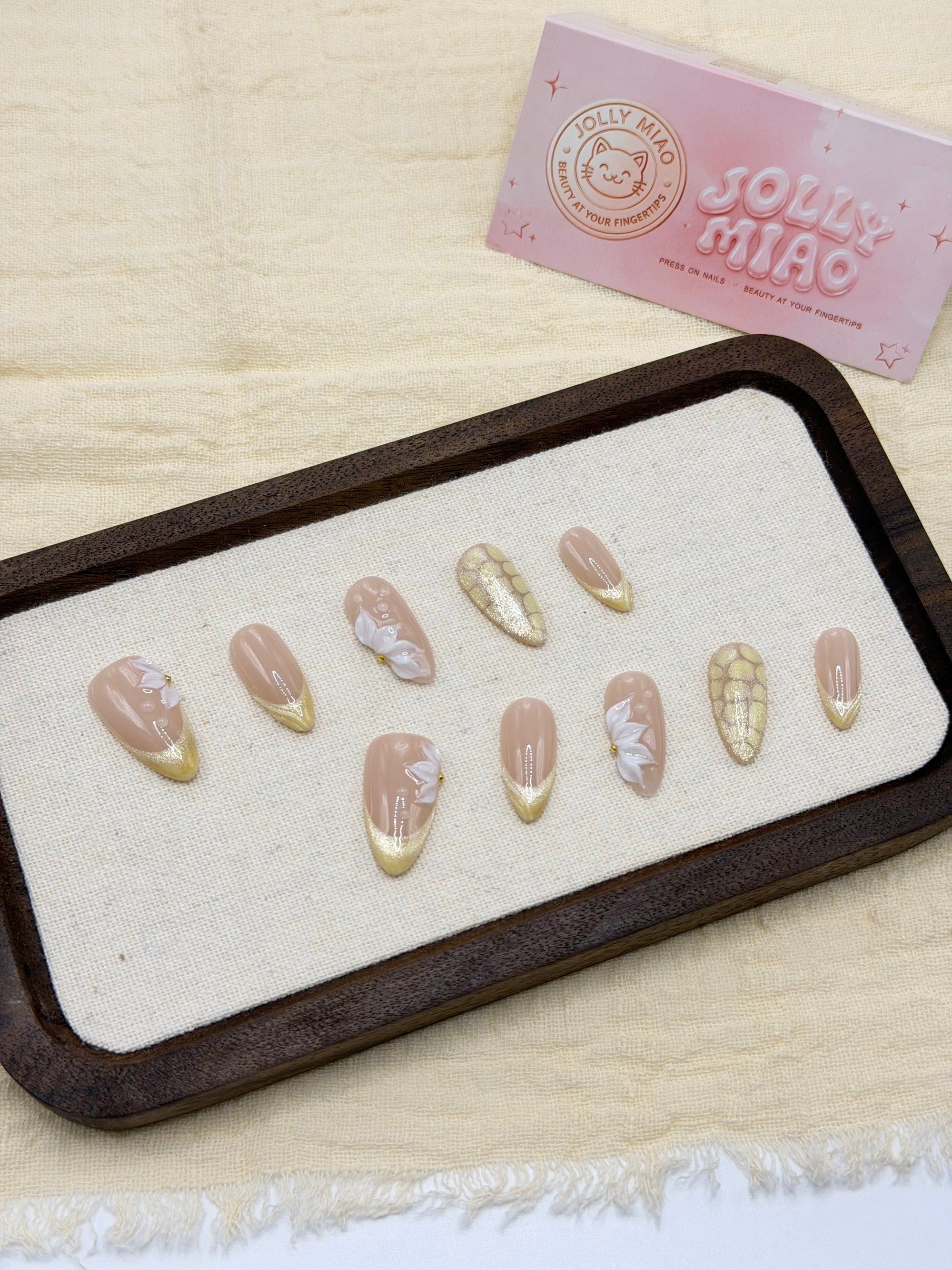 Gilded Petal | Gold French Tip 3D Flower Almond Press-On Nails