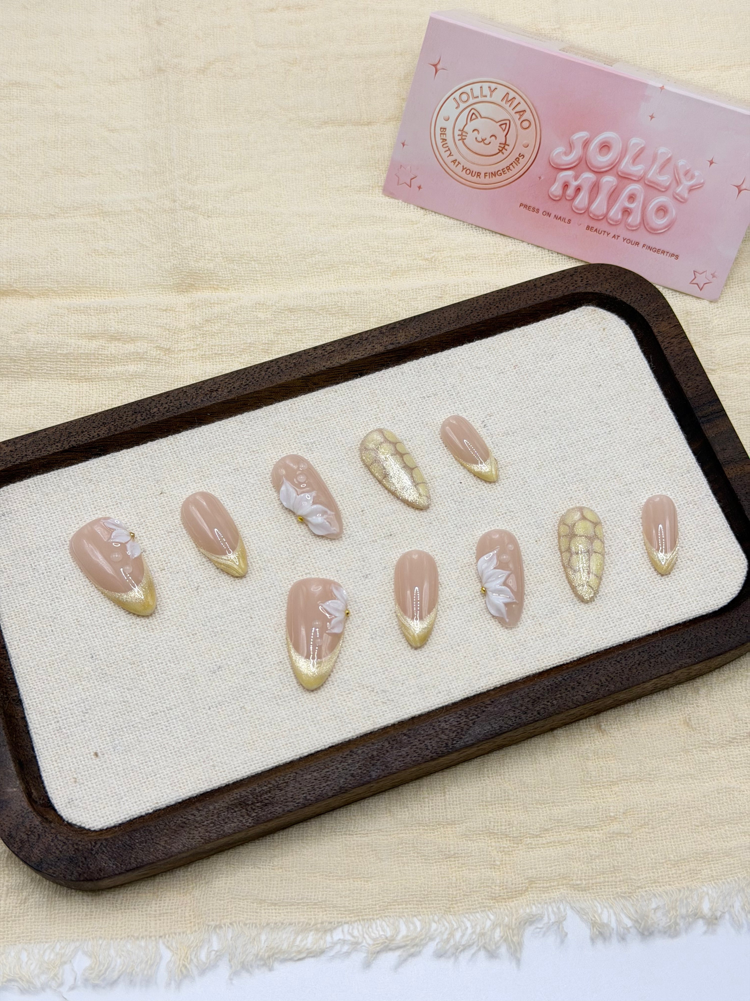 Gilded Petal | Gold French Tip 3D Flower Almond Press-On Nails