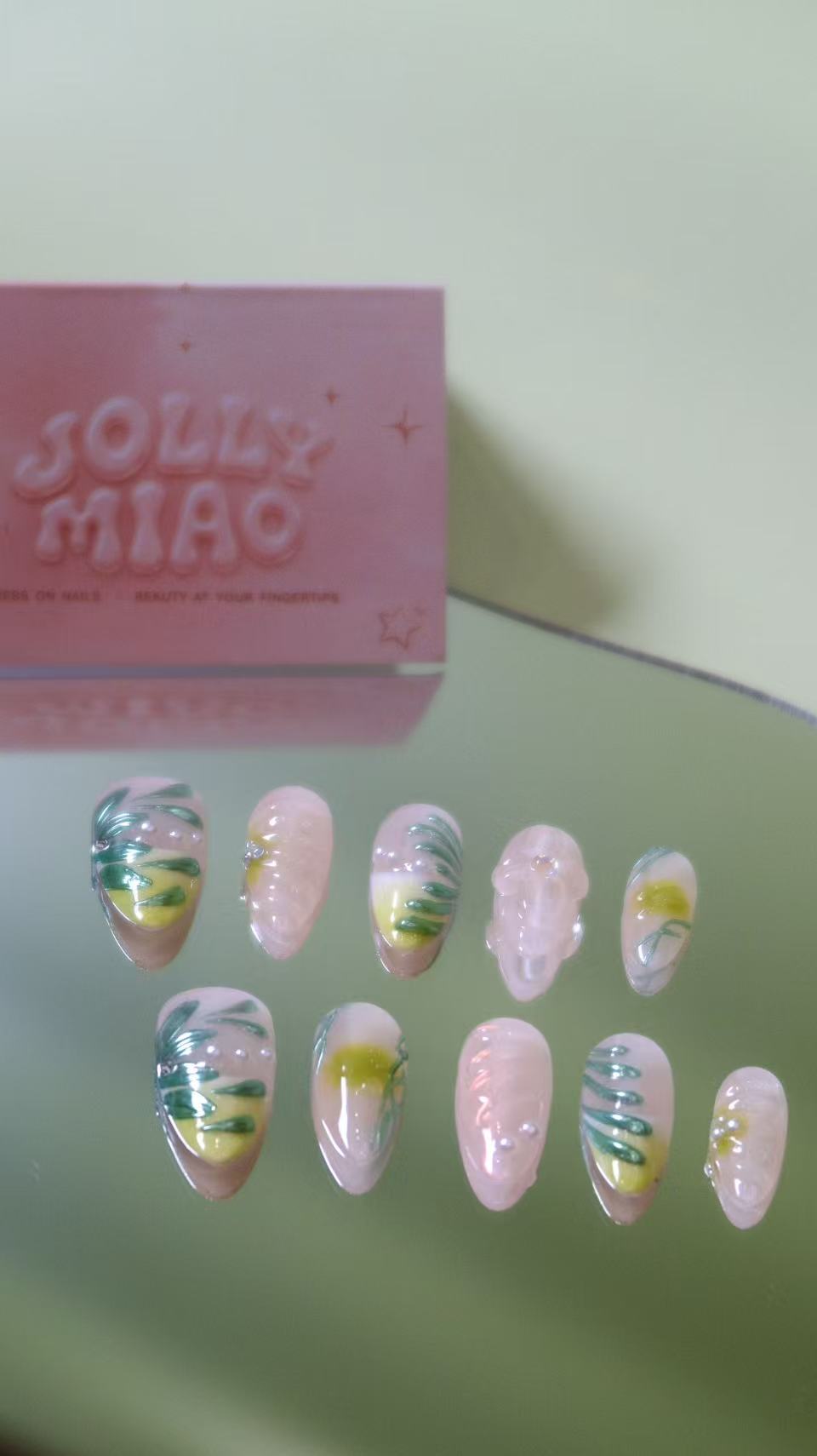 Verdant Pearl | 3D Botanical Long Almond Press-On Nails