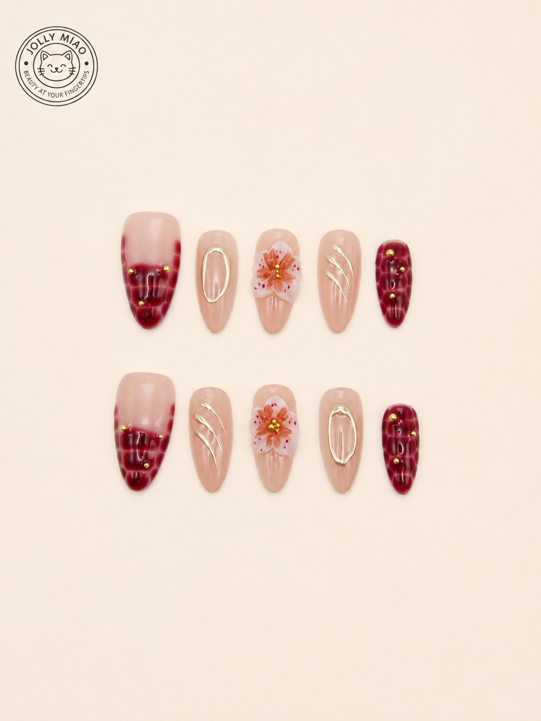 Garnet Petal | 3D Floral Medium Almond Press-On Nails