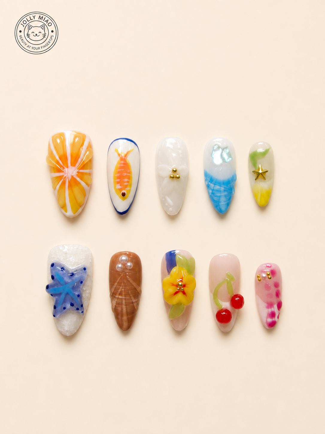 Riviera Picnic | 3D Summer Fruit & Floral Almond Press-On Nails