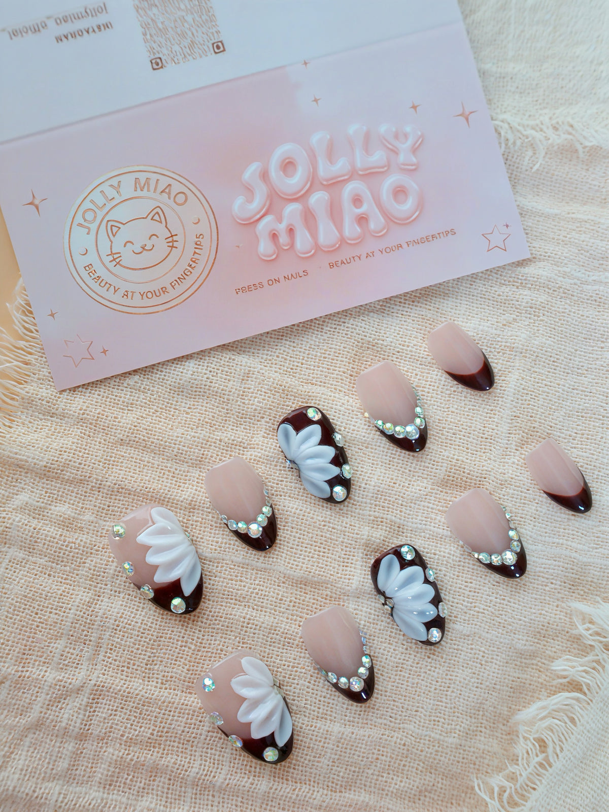 Bordeaux Bloom | Burgundy French Tip 3D Flower Press-On Nails