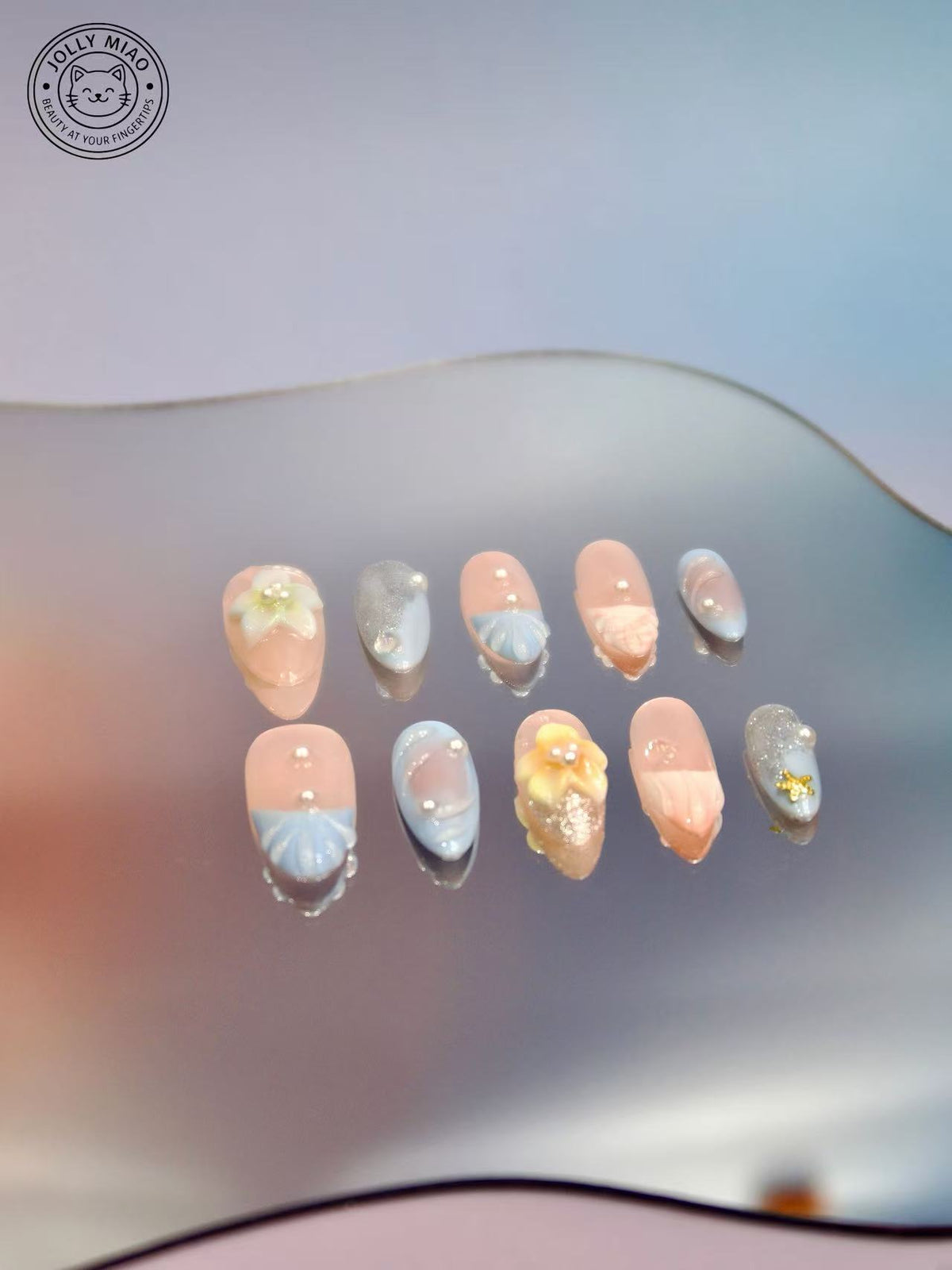 Azure Pearl Garden | 3D Almond Press-On Nails