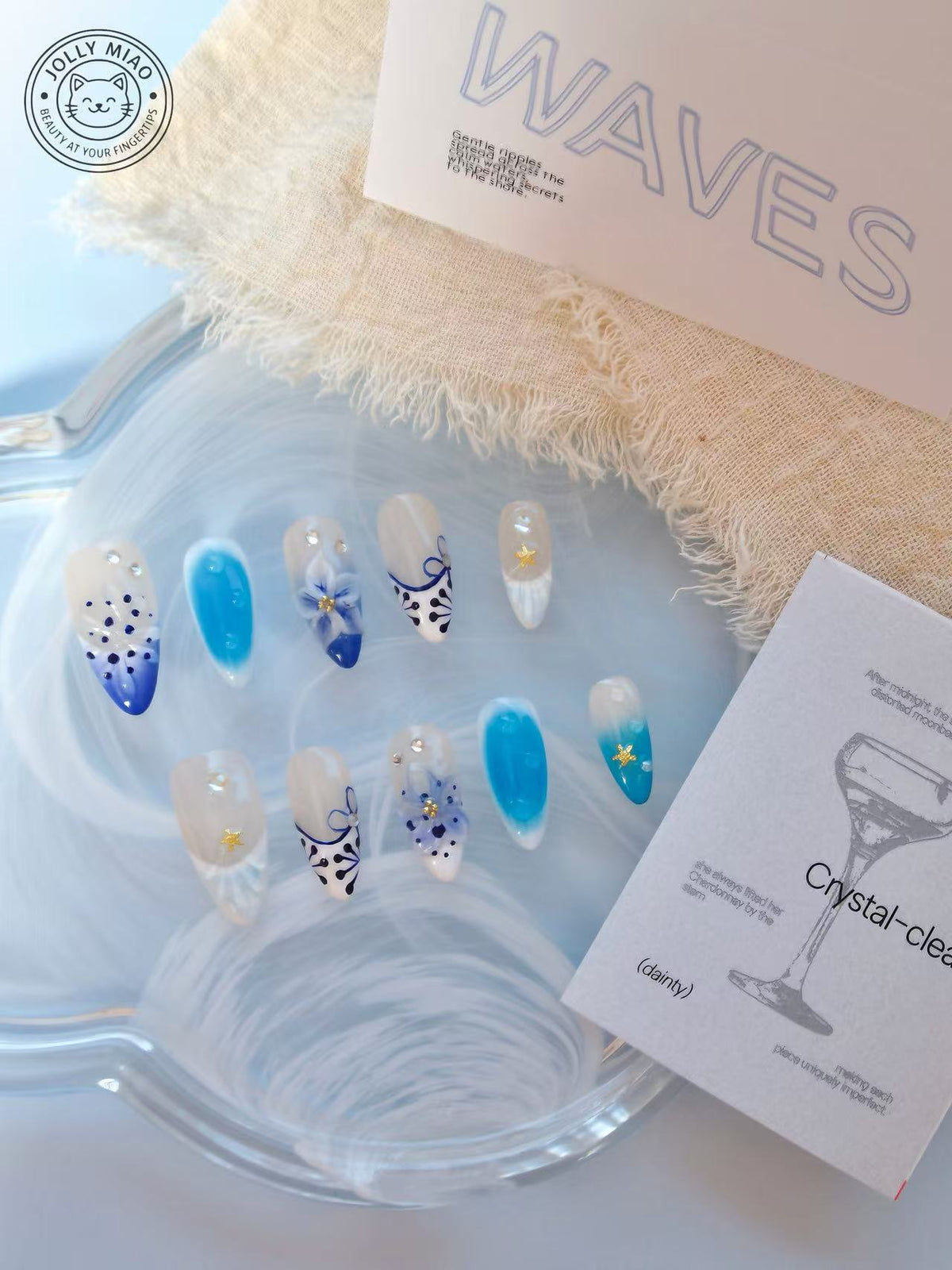 Azure Porcelain | 3D Floral Almond Press-On Nails
