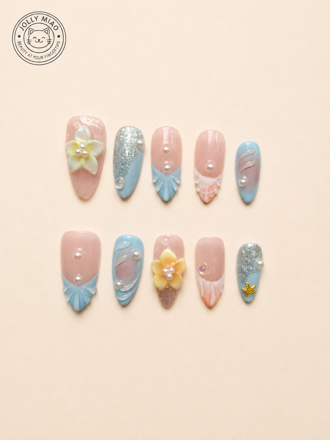Azure Pearl Garden | 3D Almond Press-On Nails