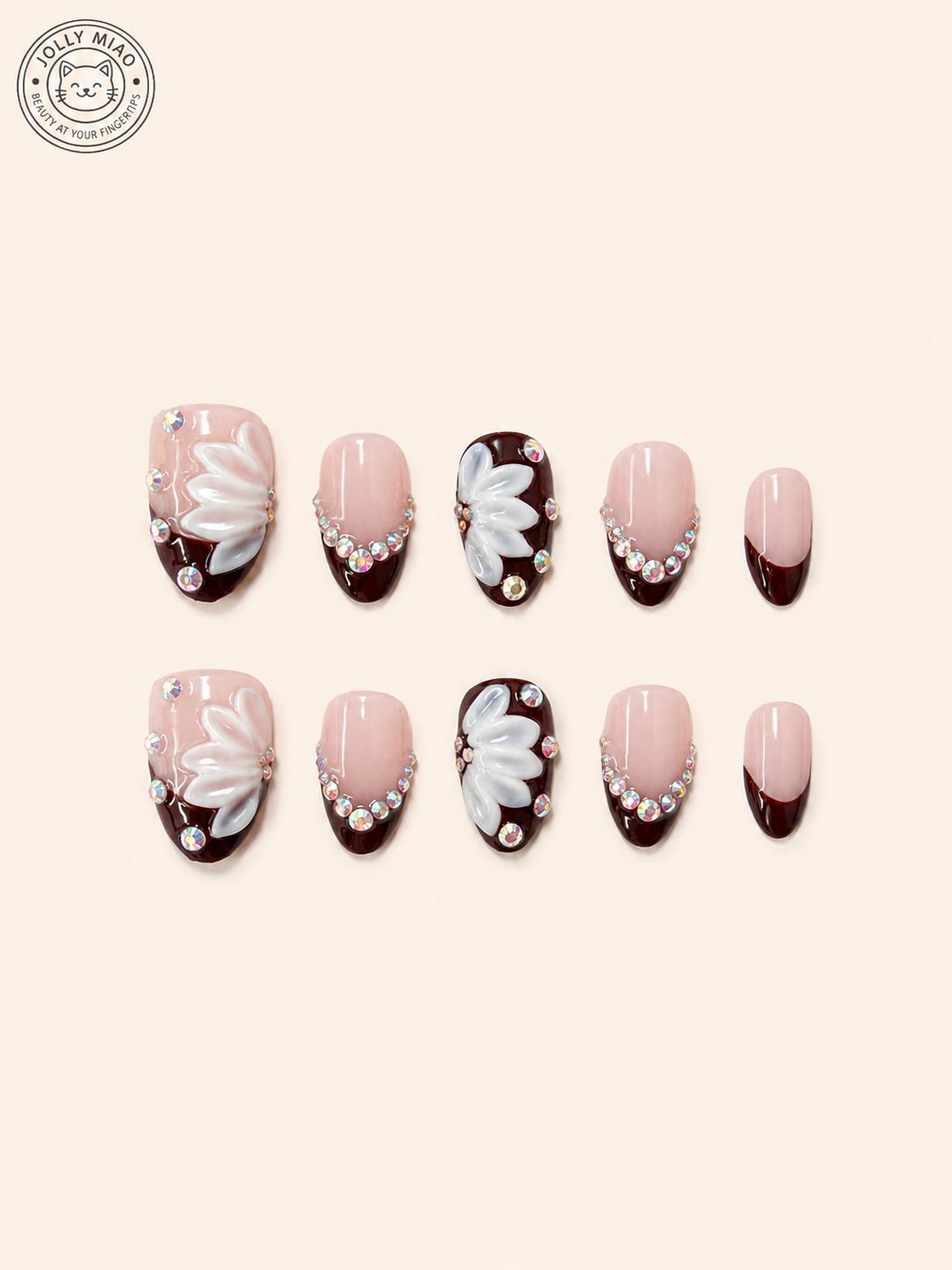 Bordeaux Bloom | Burgundy French Tip 3D Flower Press-On Nails